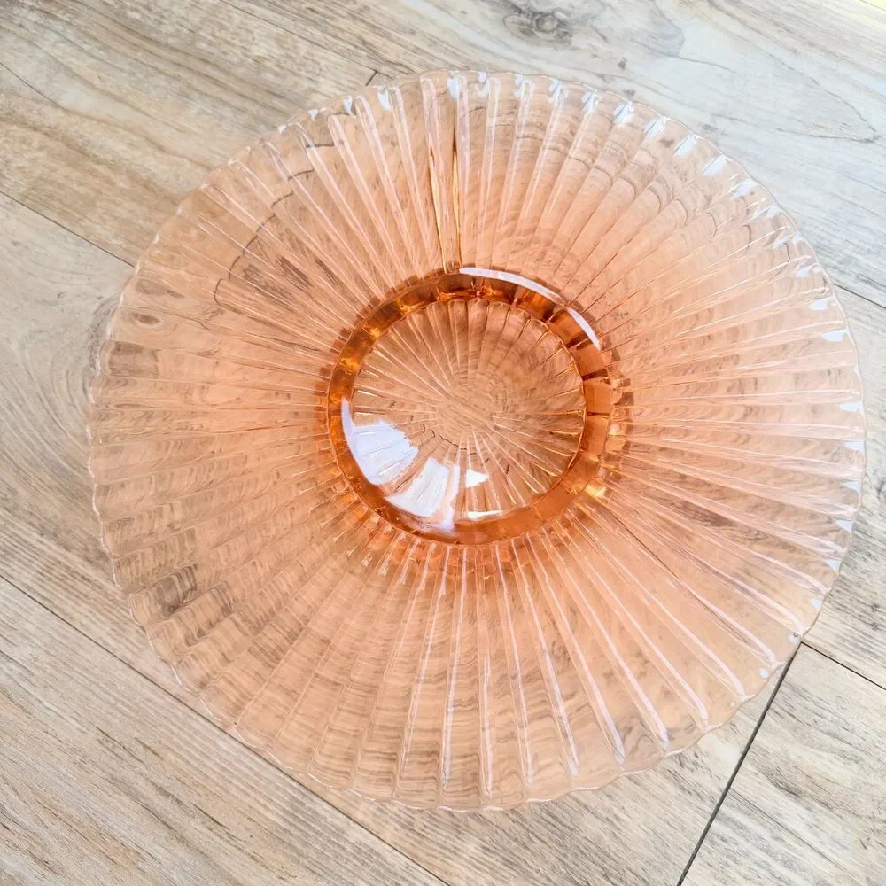Anchor Hocking Petticoat Pink Depression Glass Cake Plate Ribbed Bubble Foot 12